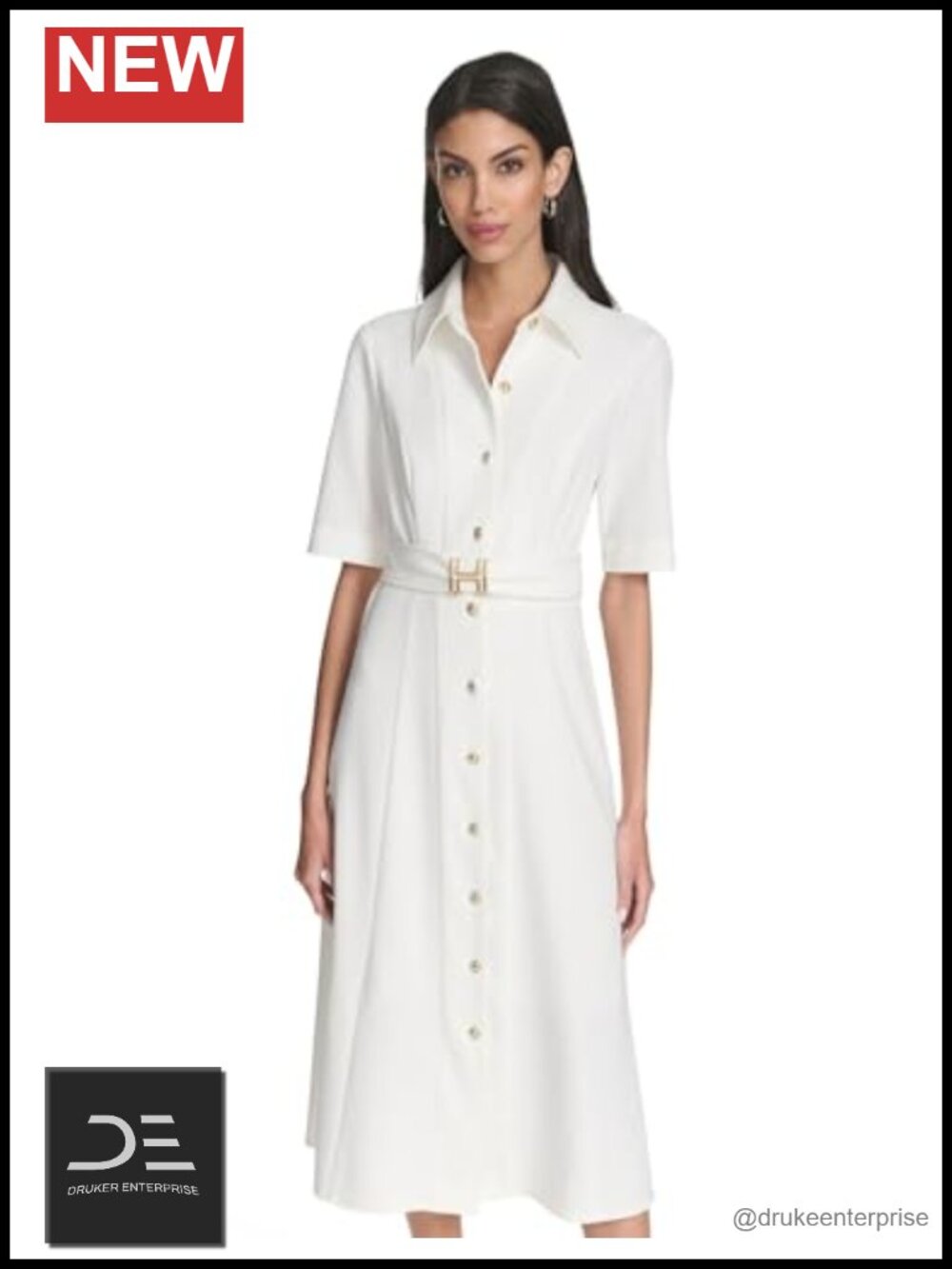 Halston Half Sleeve Midi Belted Shirt Dress Button Front Collared 3/4 Sleeve